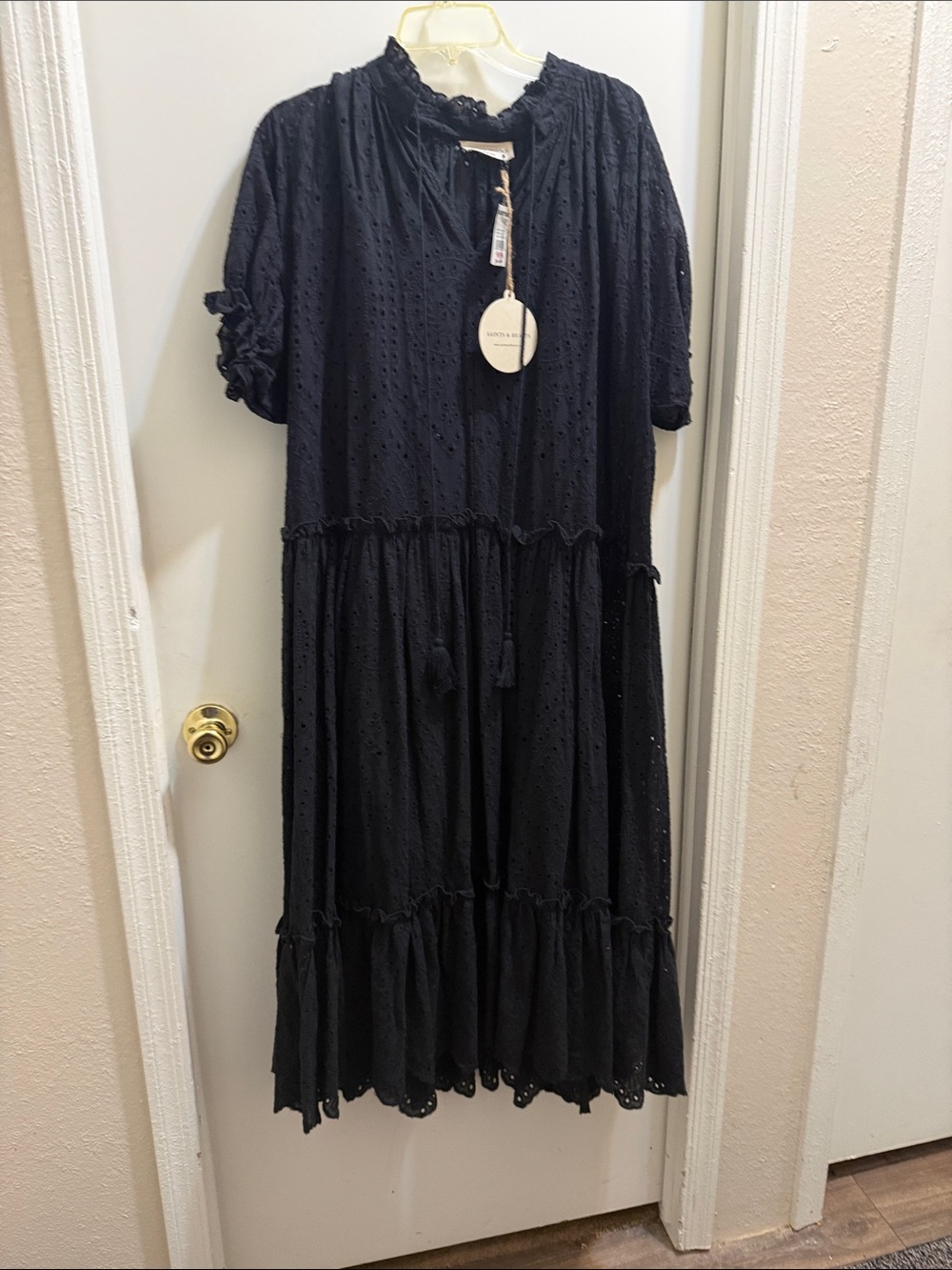 Women's Black Eyelet Tiered Maxi Dress with Ruffle Collar